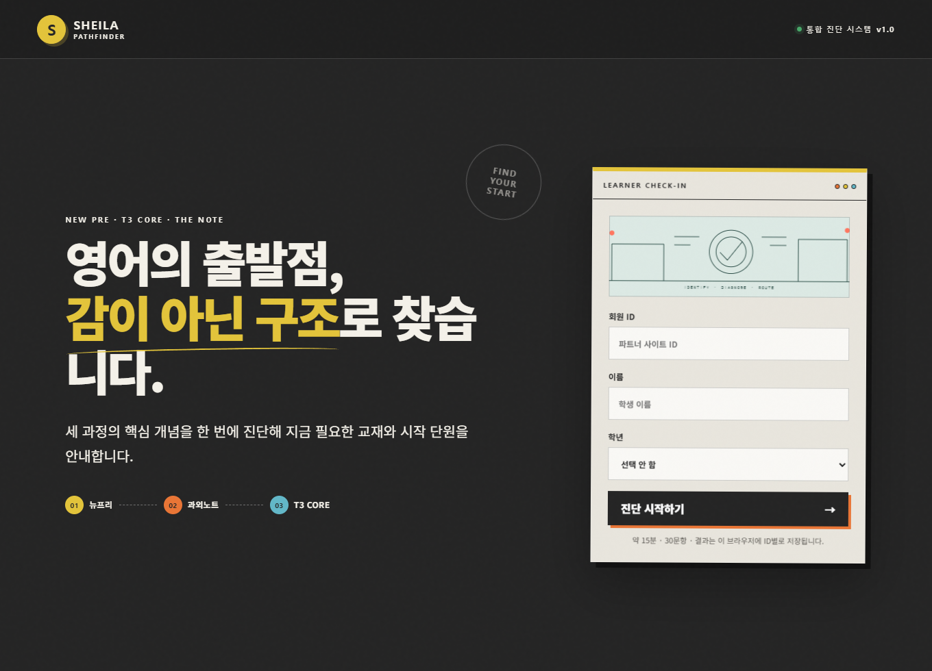 SHEILA 통합 레벨테스트 — 실제 시작 화면